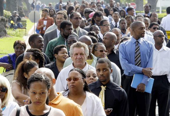 Waiting in line to enter a job fair