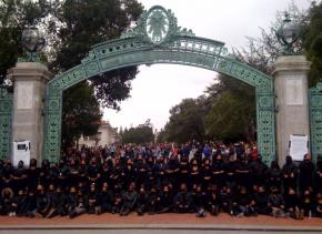 African American students at UC Berkeley protest outside the Sather Gate
