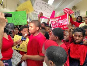 Students crowd the hallways of Williams Elementary during a sit-in against school closures